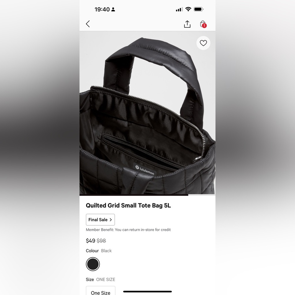 LULULEMON Black Quilted Tote Bag 5L - Picture 4 of 6